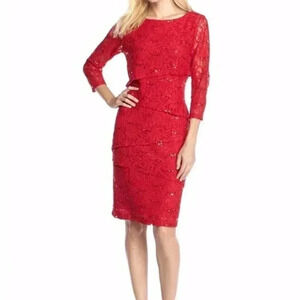 Ronni Nicole Tiered Stretch Lace Sheath Cocktail Dress Sequins | Cherry Red | 12